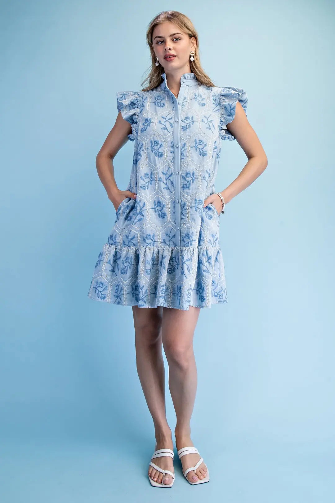 Glossy Embroidered Button Down Dress in Sky by GiGio