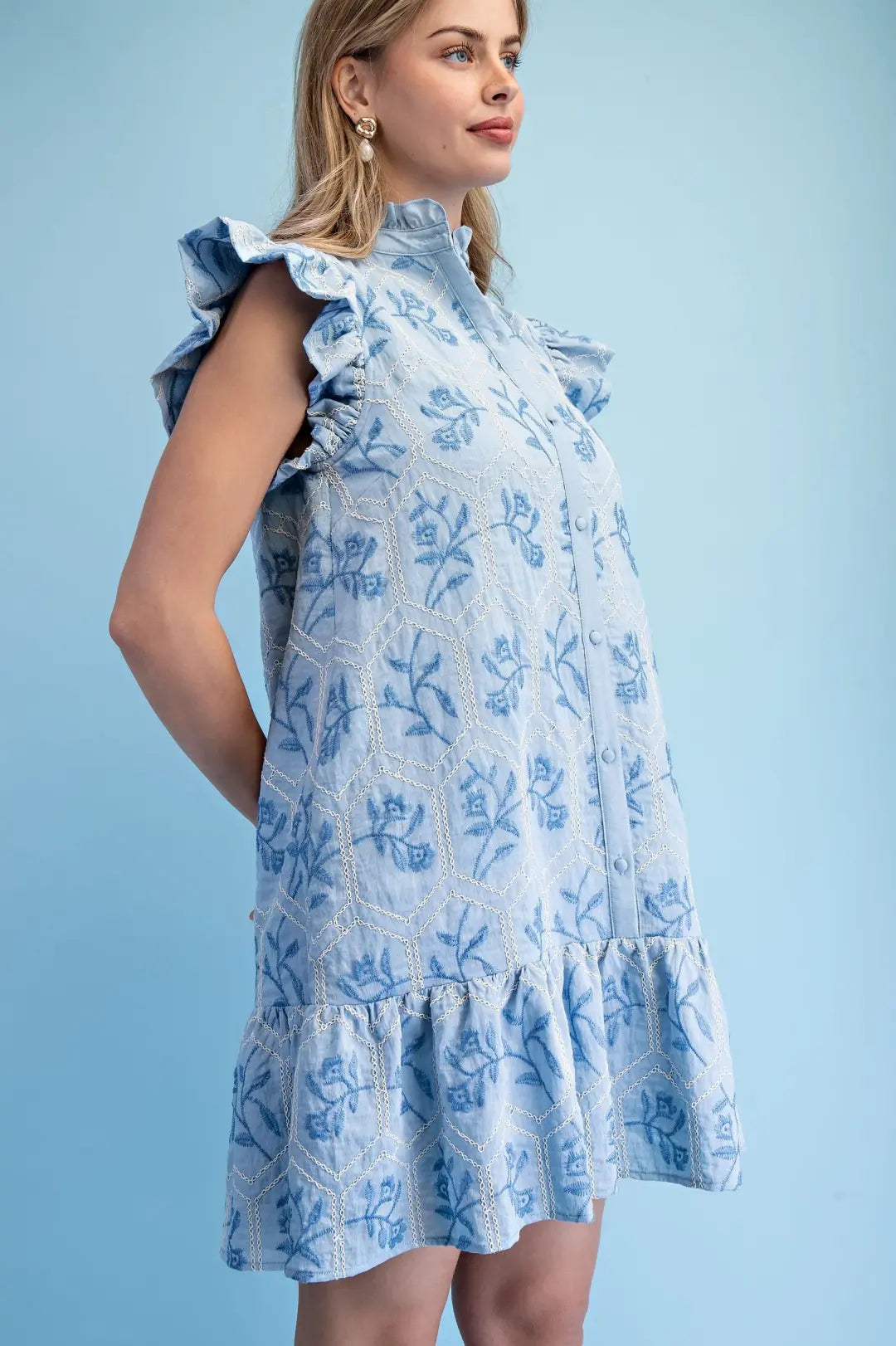Glossy Embroidered Button Down Dress in Sky by GiGio