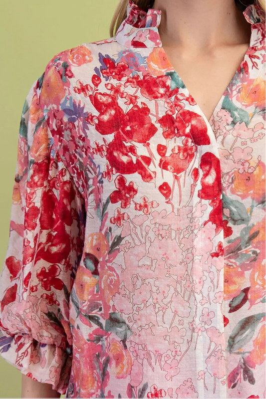 Floral Printed Button Down Top with 3/4 Length Gathered Balloon Sleeves by GiGio