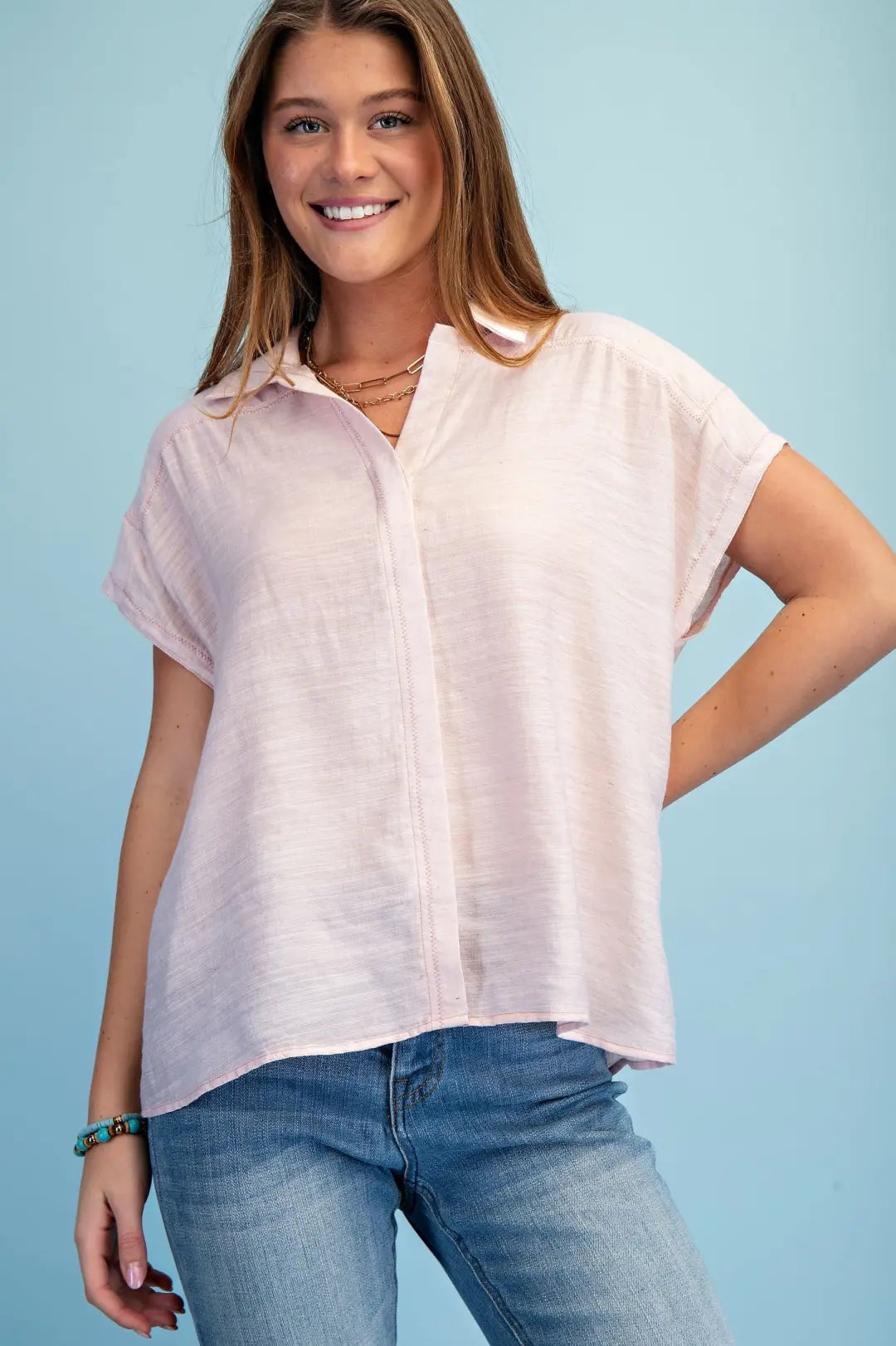 Lightweight Covered Placket Button Down with Stitching by Gigio