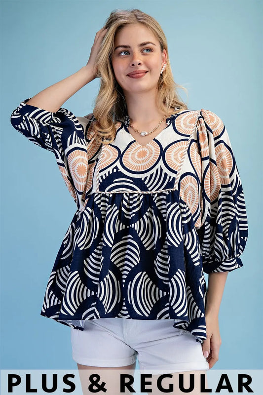 Printed Babydoll Top with a Ruffled Neck by Gigio