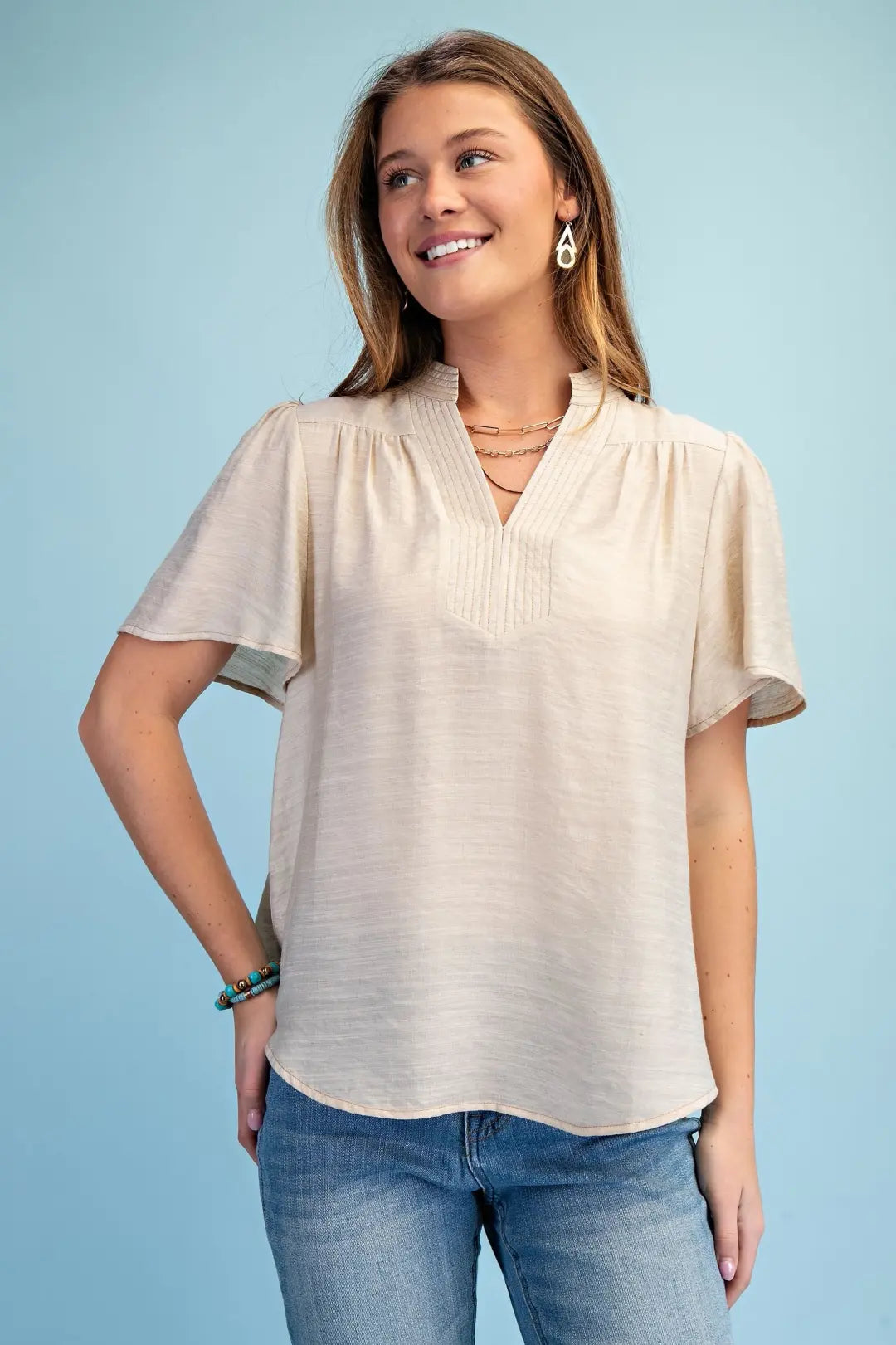 Lightweight V-Neck Blouse With Loop Button by Gigio