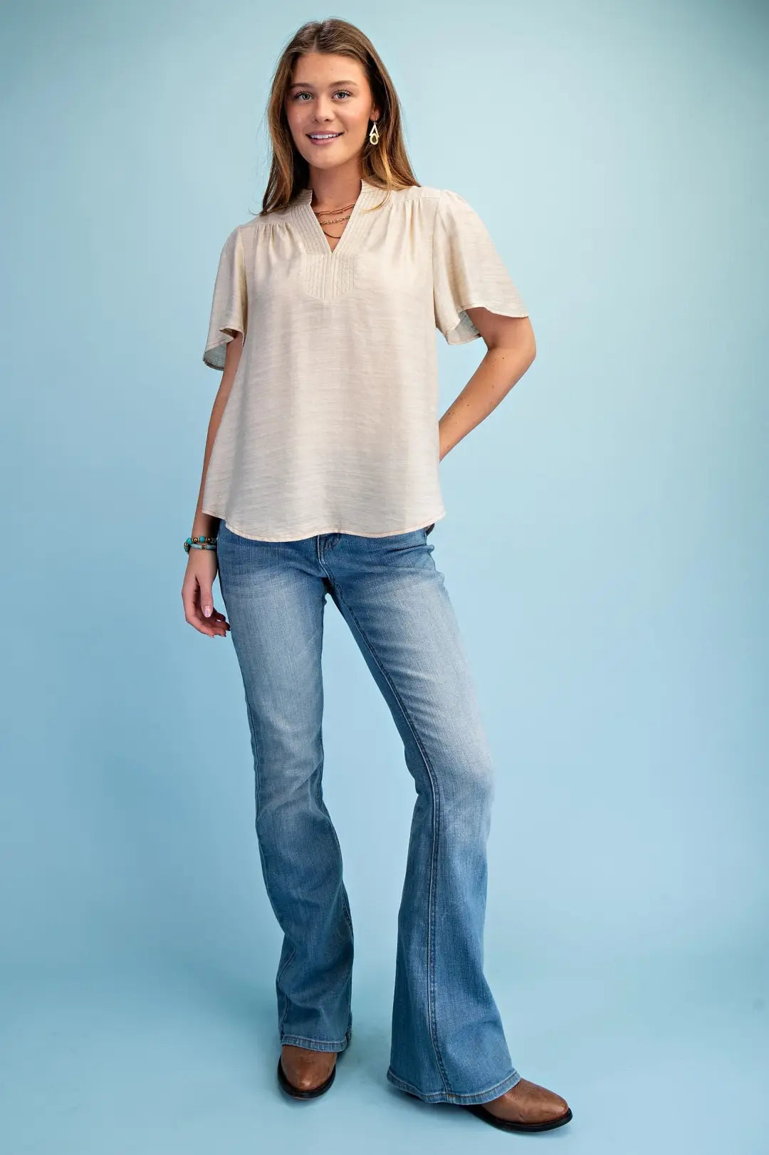 Lightweight V-Neck Blouse With Loop Button by Gigio