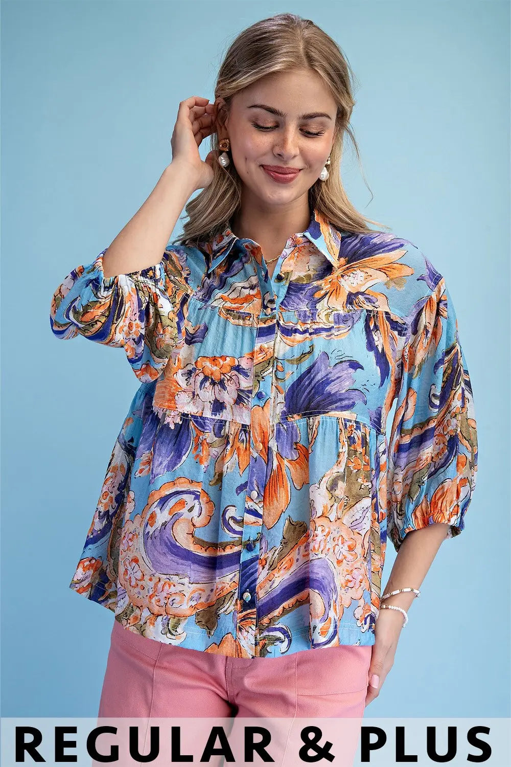 Printed Button Up Babydoll Blouse with 3/4 Length Sleeves by GiGio