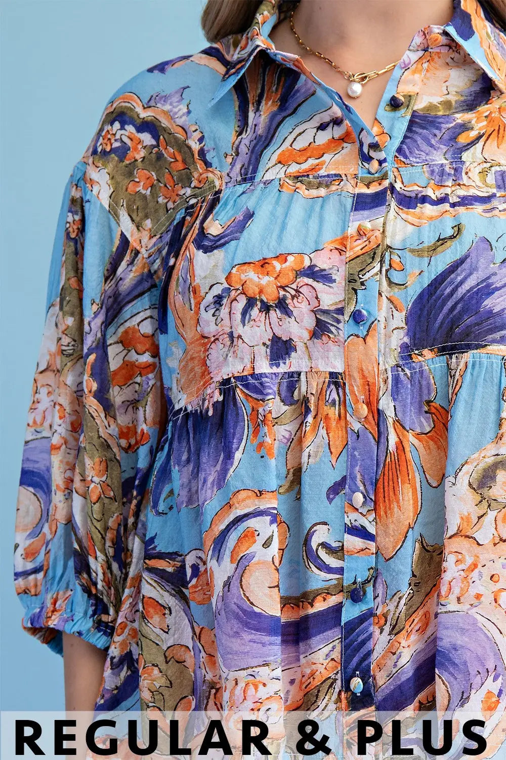 Printed Button Up Babydoll Blouse with 3/4 Length Sleeves by GiGio