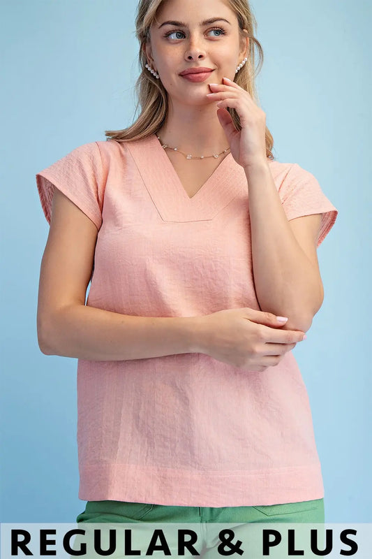 Trapunto Stitched V-Neck Blouse with Loose Cap Sleeves by Gigio