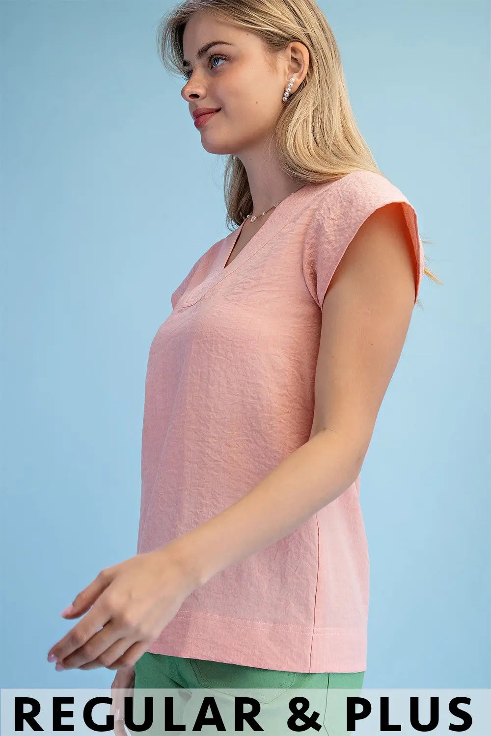 Trapunto Stitched V-Neck Blouse with Loose Cap Sleeves by Gigio