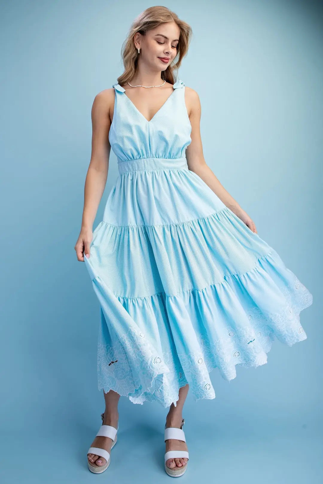 Striped Tiered Midi Dress with an Embroidered Hem and Tie Shoulder Straps by Gigio