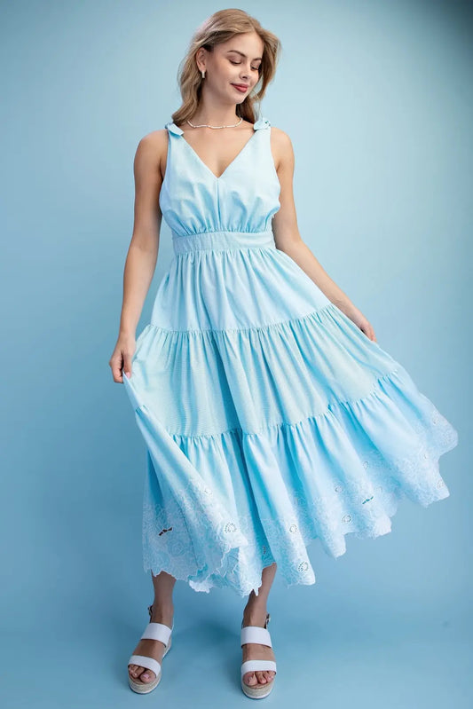 Striped Tiered Midi Dress with an Embroidered Hem and Tie Shoulder Straps by Gigio
