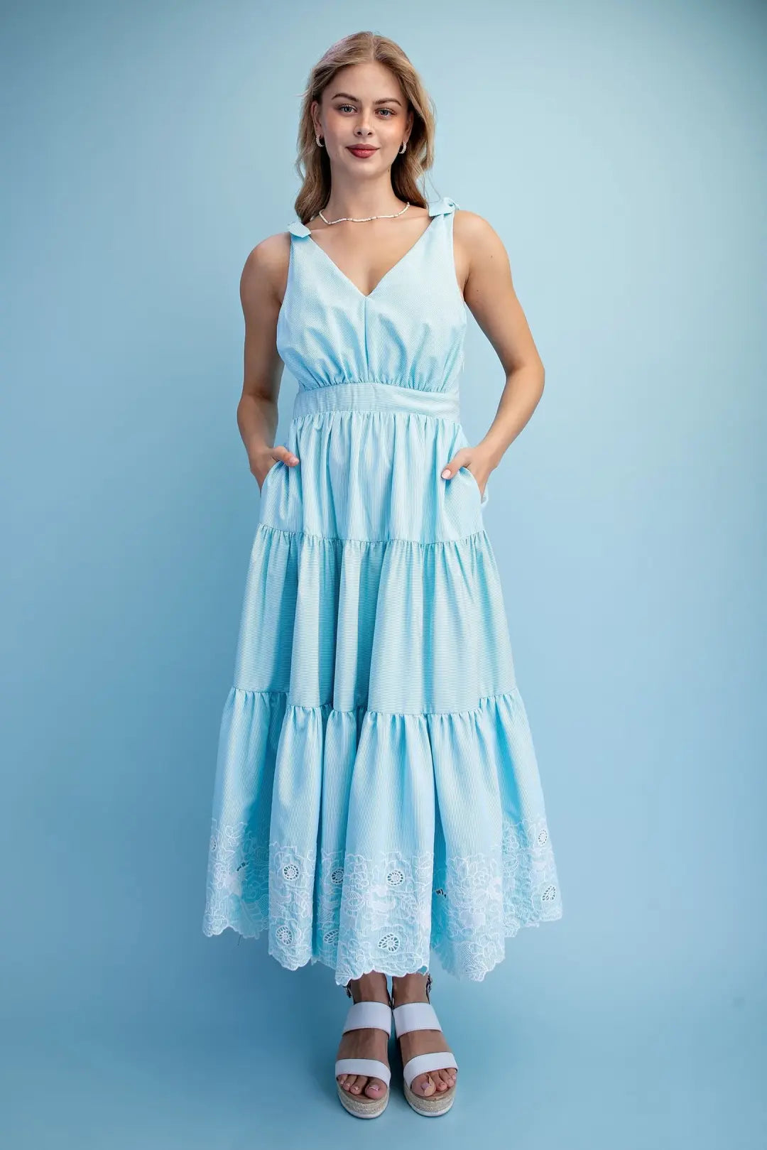 Striped Tiered Midi Dress with an Embroidered Hem and Tie Shoulder Straps by Gigio
