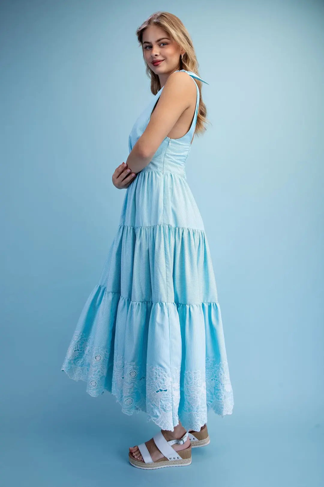 Striped Tiered Midi Dress with an Embroidered Hem and Tie Shoulder Straps by Gigio