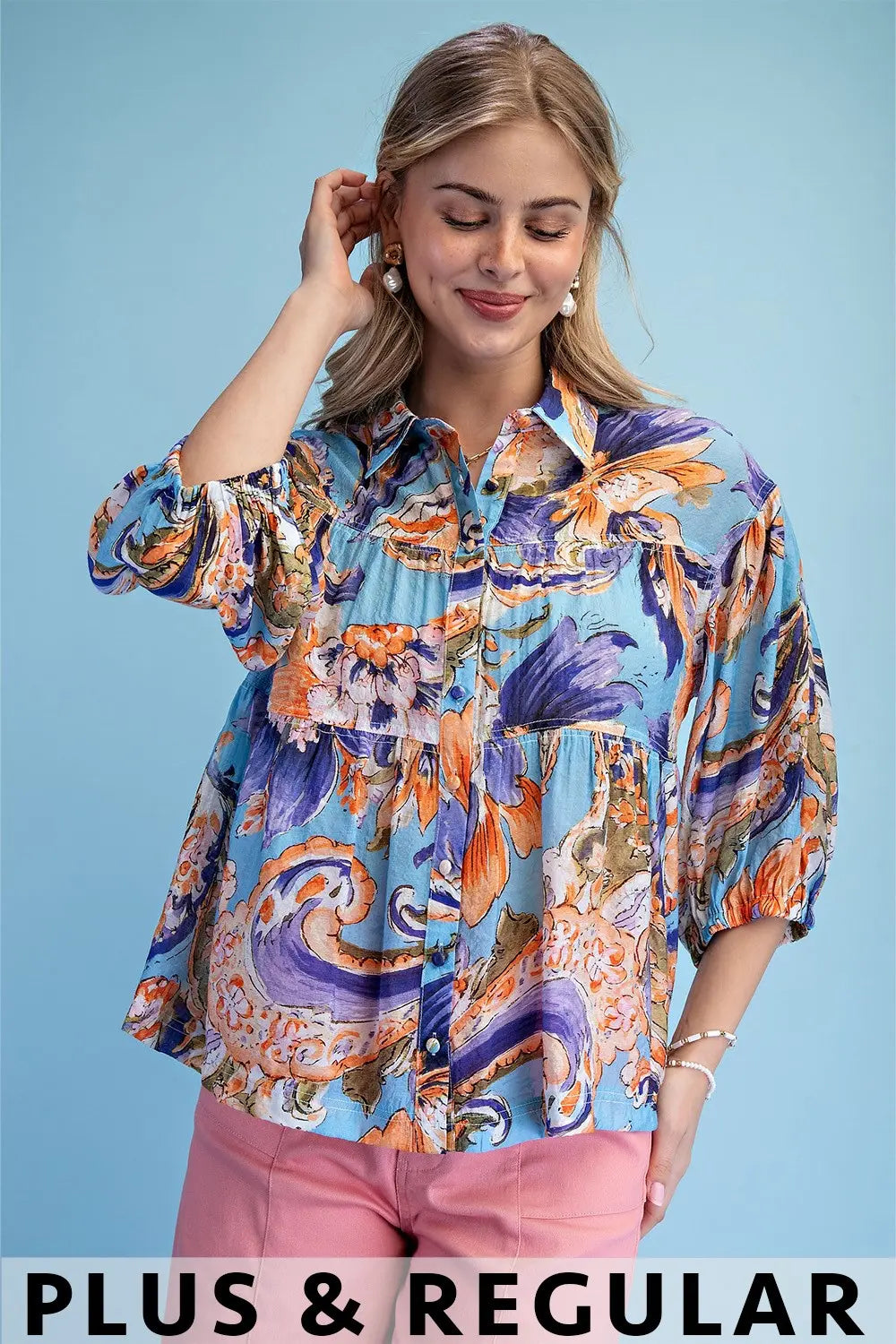 Printed Button Up Babydoll Blouse with 3/4 Length Sleeves by Gigio