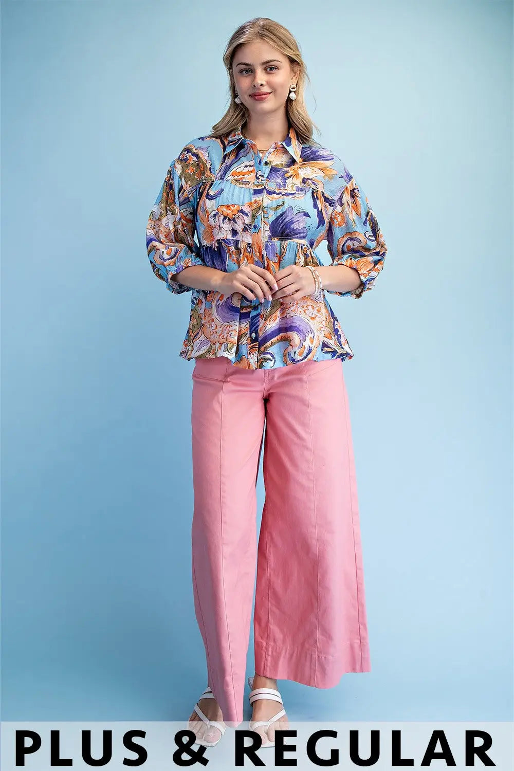 Printed Button Up Babydoll Blouse with 3/4 Length Sleeves by Gigio