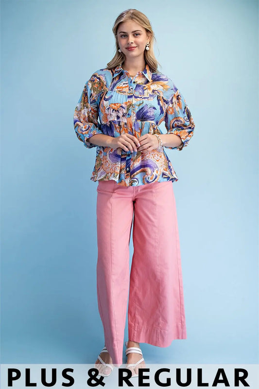 Printed Button Up Babydoll Blouse with 3/4 Length Sleeves by Gigio