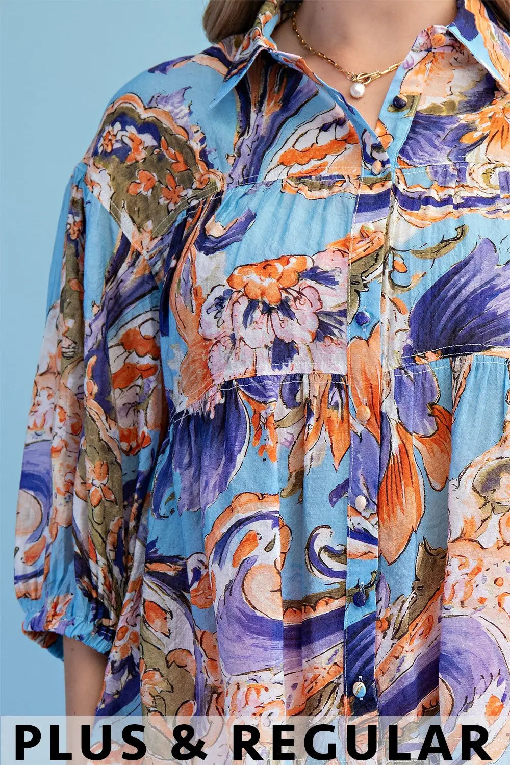 Printed Button Up Babydoll Blouse with 3/4 Length Sleeves by Gigio