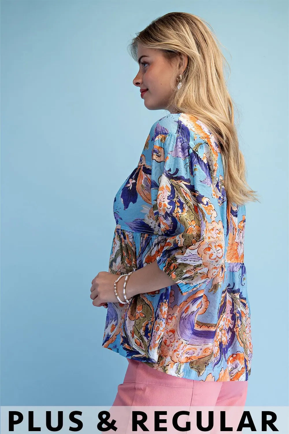 Printed Button Up Babydoll Blouse with 3/4 Length Sleeves by Gigio