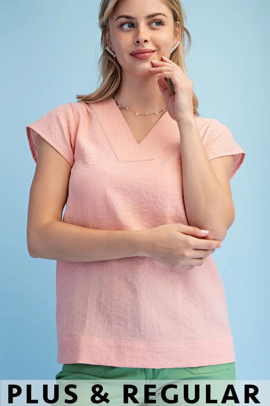 Trapunto Stitched V-Neck Blouse with Loose Cap Sleeves by Gigio