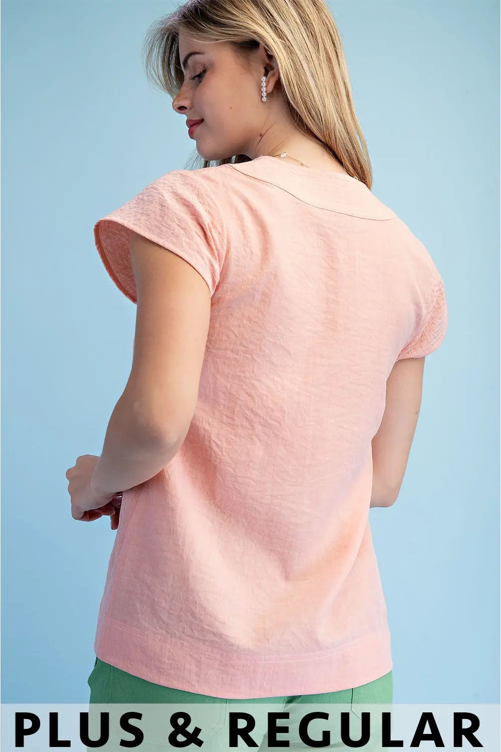 Trapunto Stitched V-Neck Blouse with Loose Cap Sleeves by Gigio