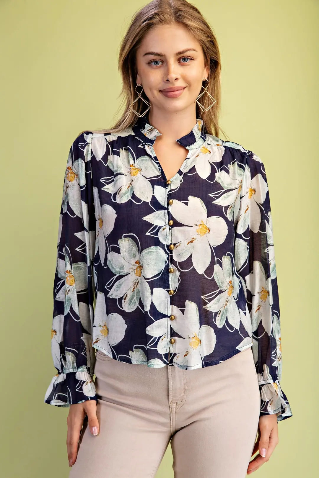 Sheer Floral Print Button Down Blouse by Gigio