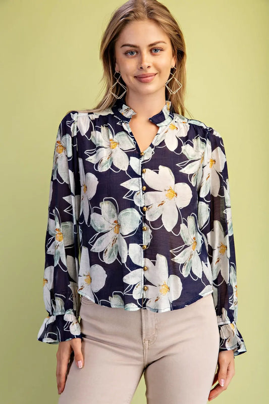 Sheer Floral Print Button Down Blouse by Gigio