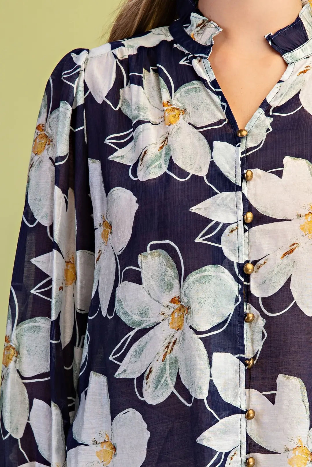 Sheer Floral Print Button Down Blouse by Gigio