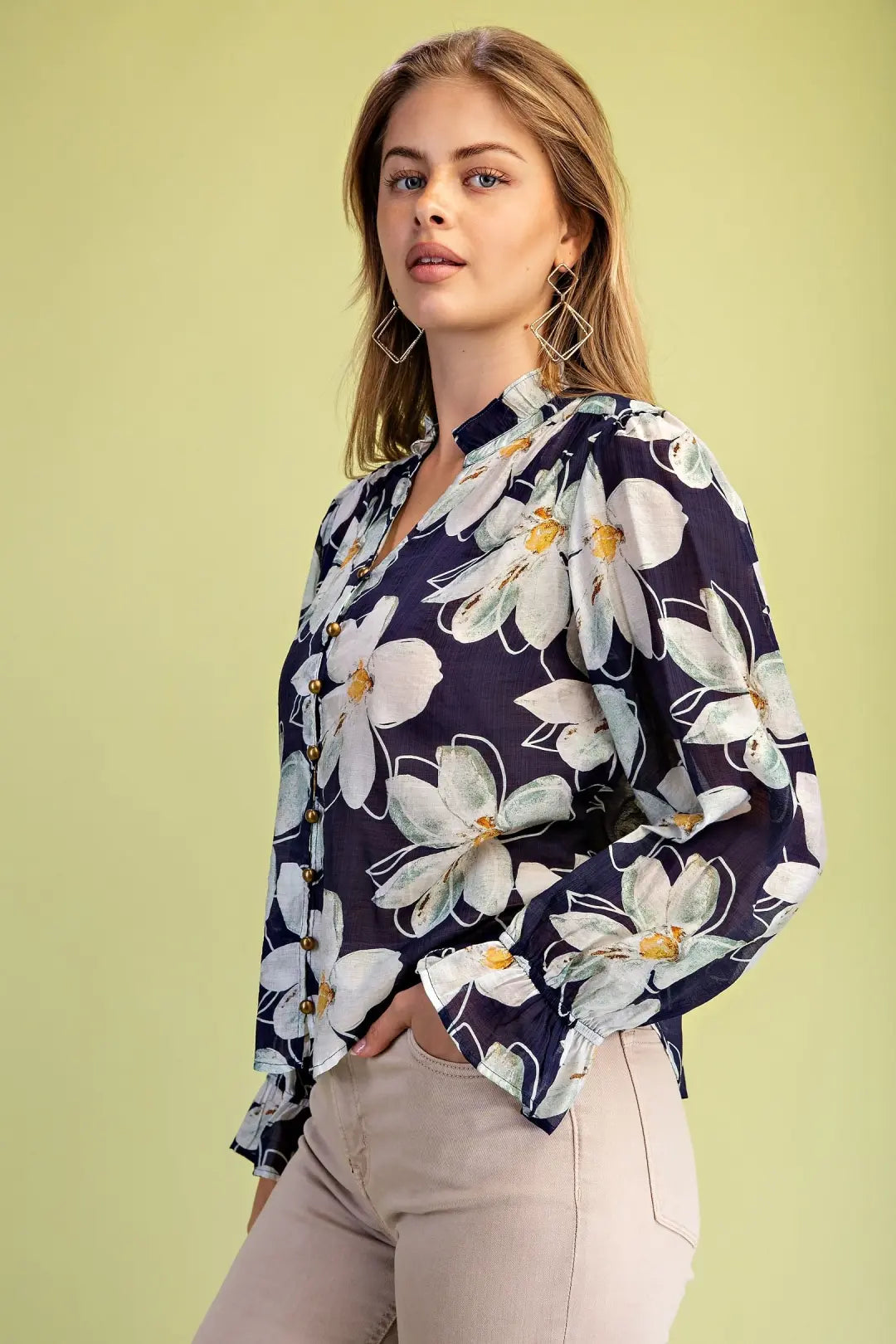 Sheer Floral Print Button Down Blouse by Gigio