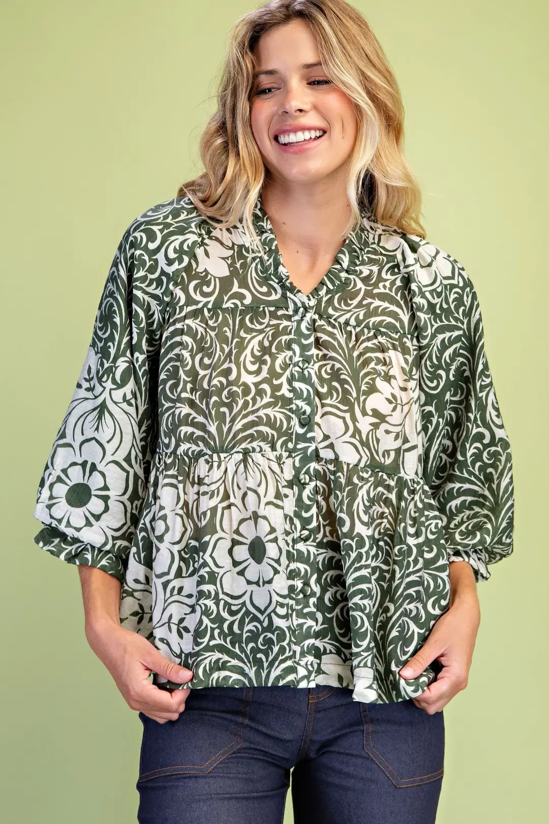 Printed Tiered Button Down Blouse by Gigio