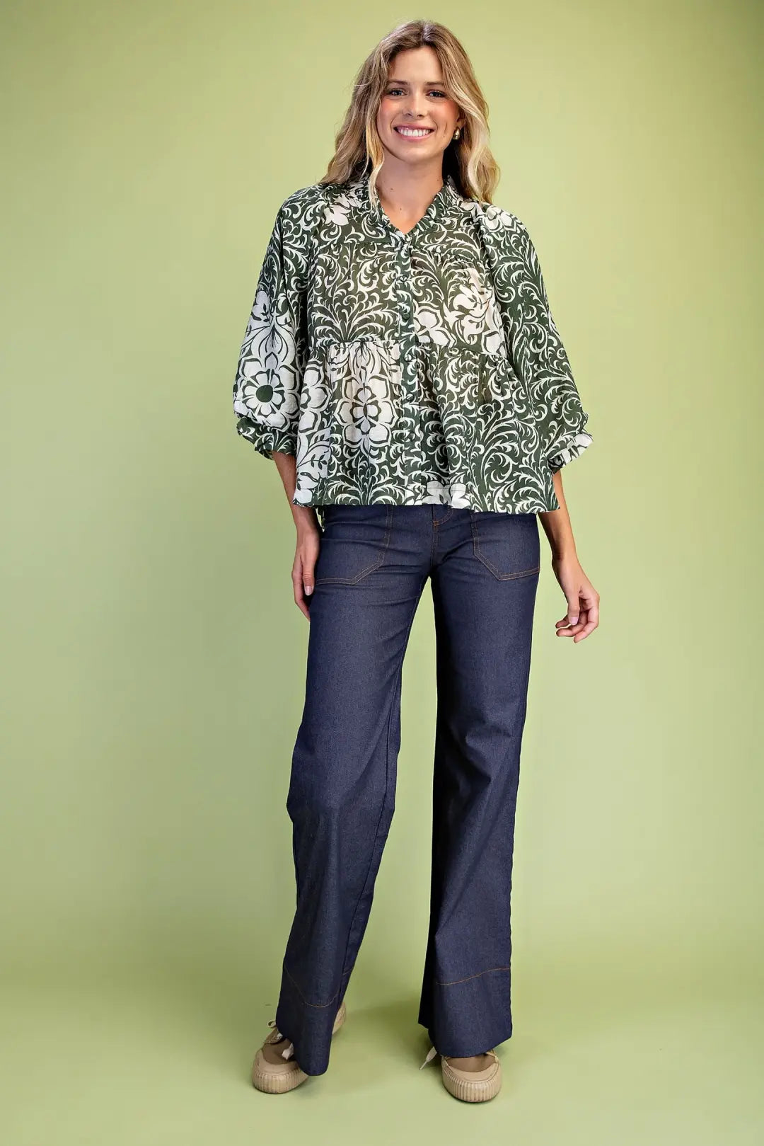 Printed Tiered Button Down Blouse by Gigio