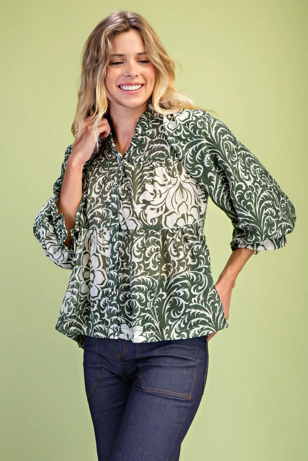 Printed Tiered Button Down Blouse by Gigio