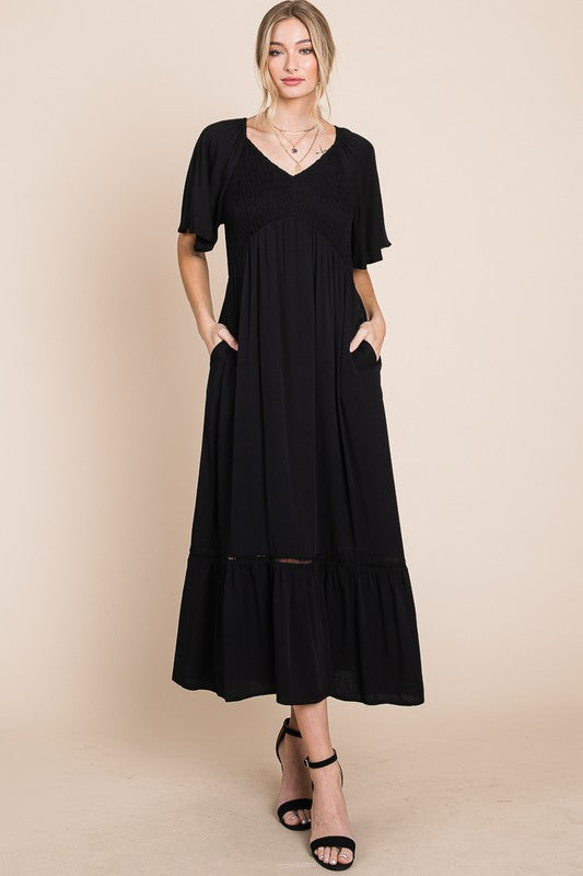 Comfy Black V-Neck Midi Dress with Pockets