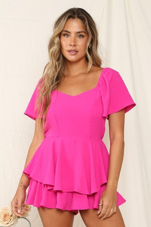 Double Layered Woven Romper Fuchsia