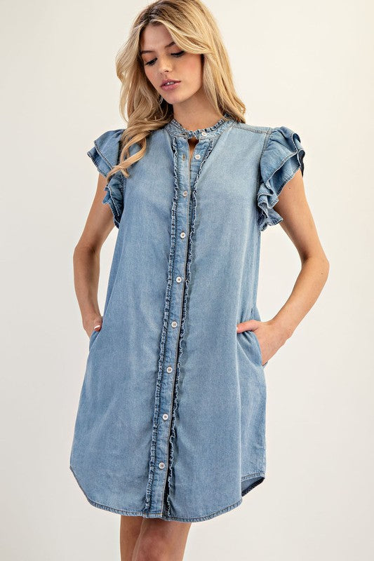 dry goods denim dress Ruffle Sleeve Button Down by ee:some attribute:emblishments:lace Burgundy Chiffon Midi Dress day comfort Color:As Picture(Light Blue)