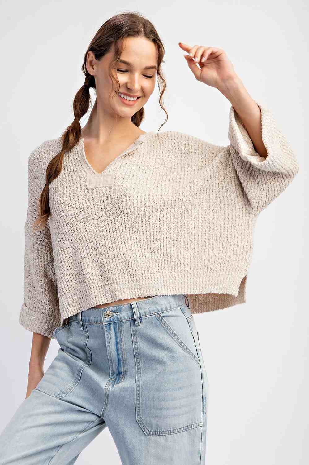 Notched Collar 3/4 Sleeve Sweater in Oatmeal by ee:some