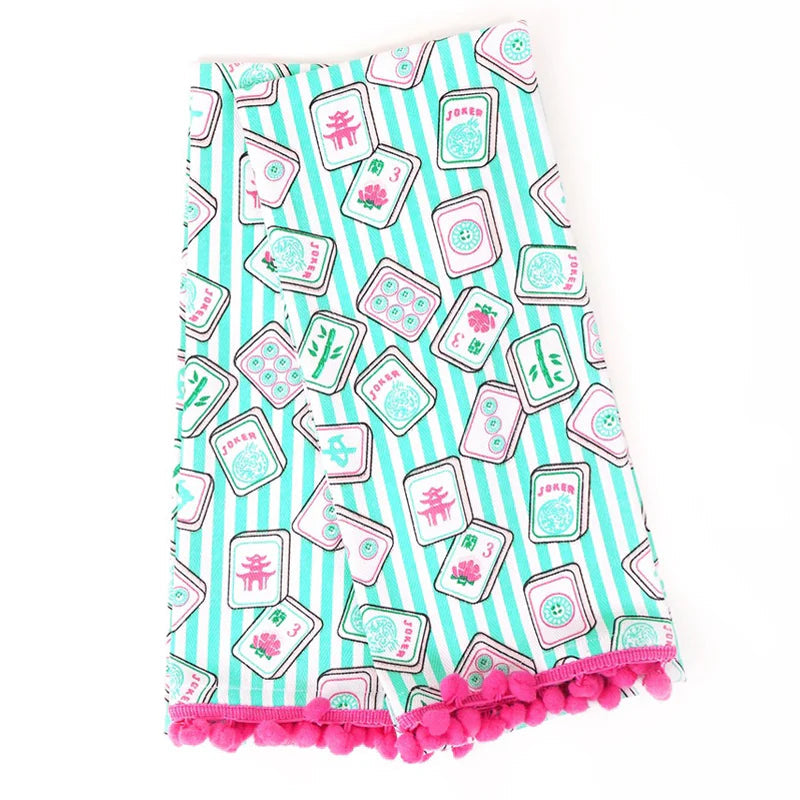 8 Oak Lane 2pc PomPom Kitchen Towel Set with Mahjong tile pattern on aqua and white stripes, adorned with pink pompoms.
