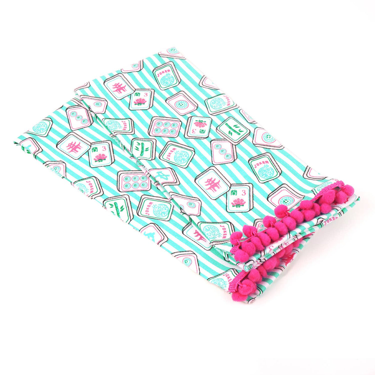 8 Oak Lane 2pc PomPom Kitchen Towel Set - Mahjong. Teal striped towels with colorful Mahjong tile print and pink pom-poms.