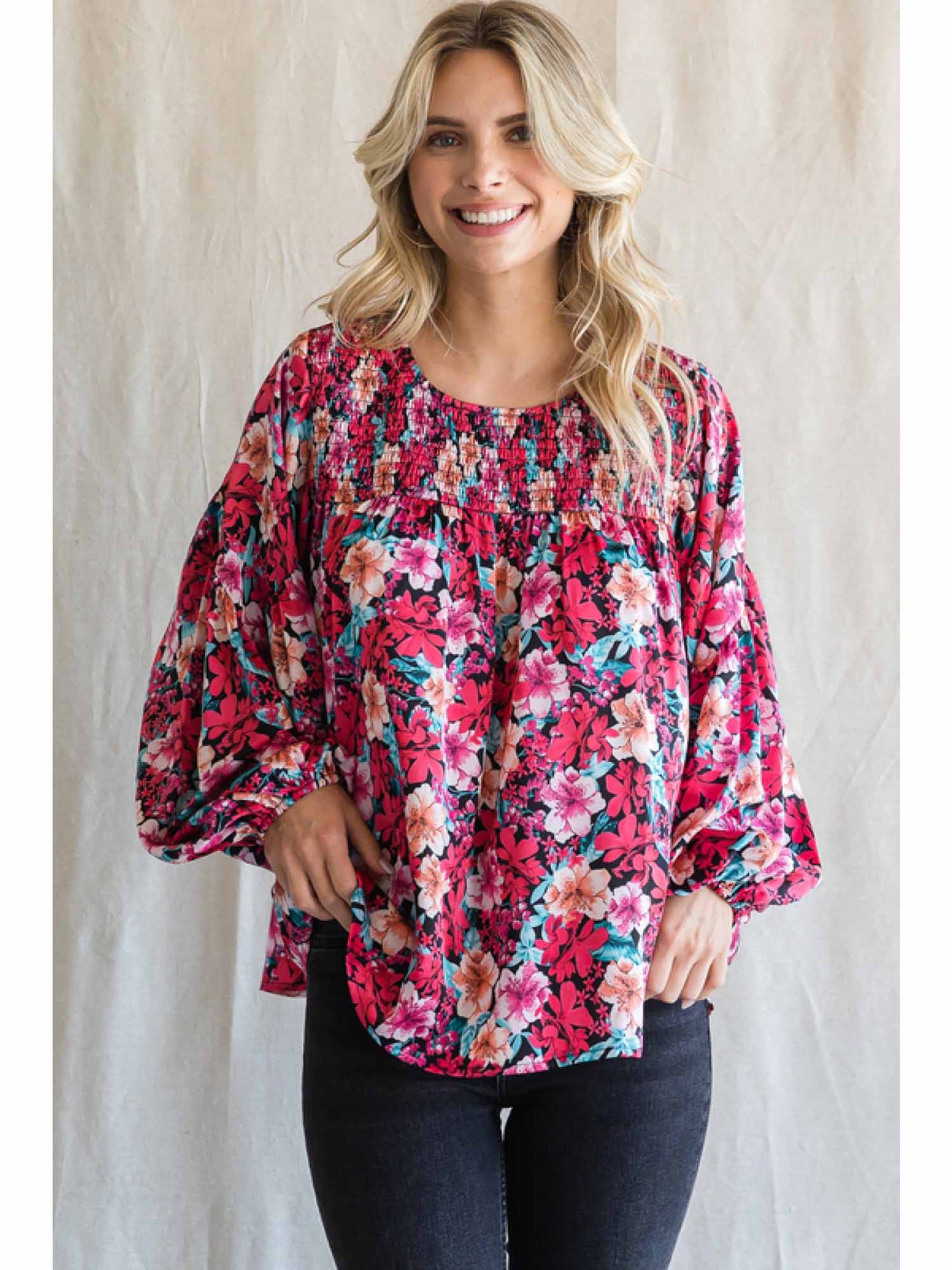 Floral Print, Smocked Yoke With BIshop Sleeves Top by Jodifl
