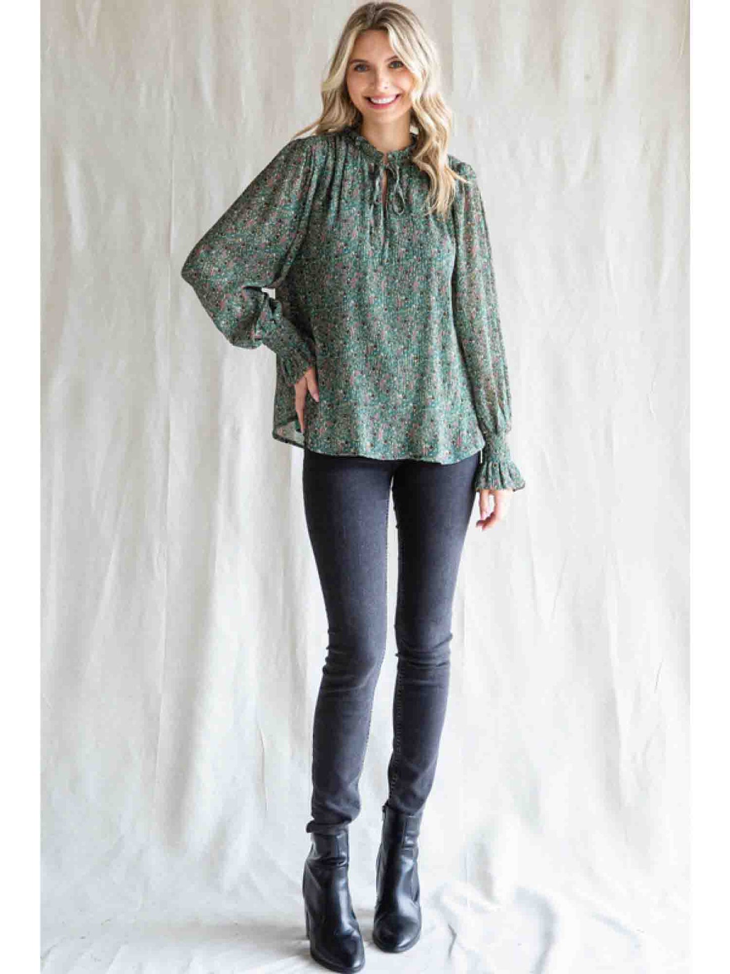 Textured Print Chiffon Top with Poet Sleeves in Hunter Green by Jodifl