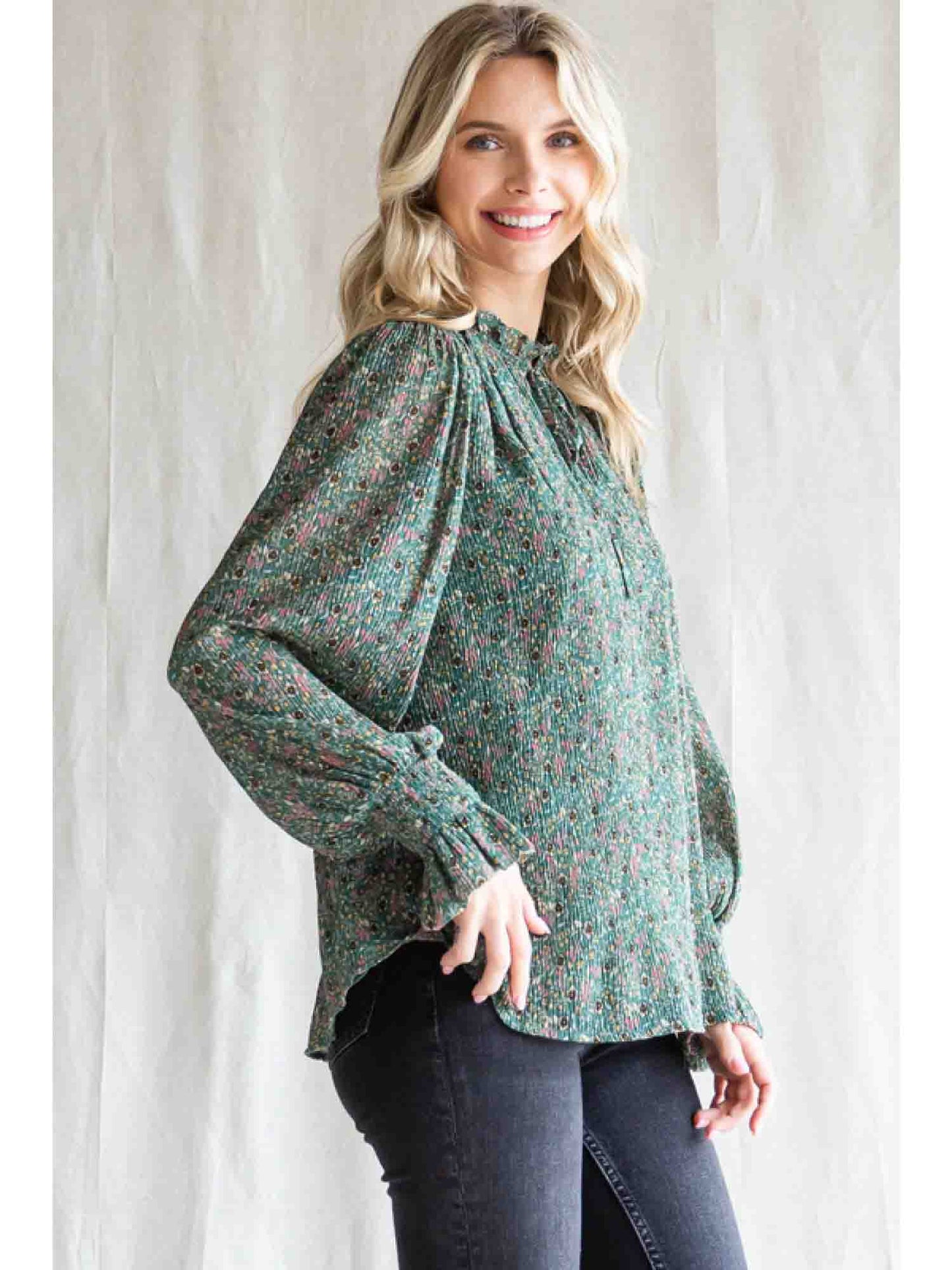 Textured Print Chiffon Top with Poet Sleeves in Hunter Green by Jodifl