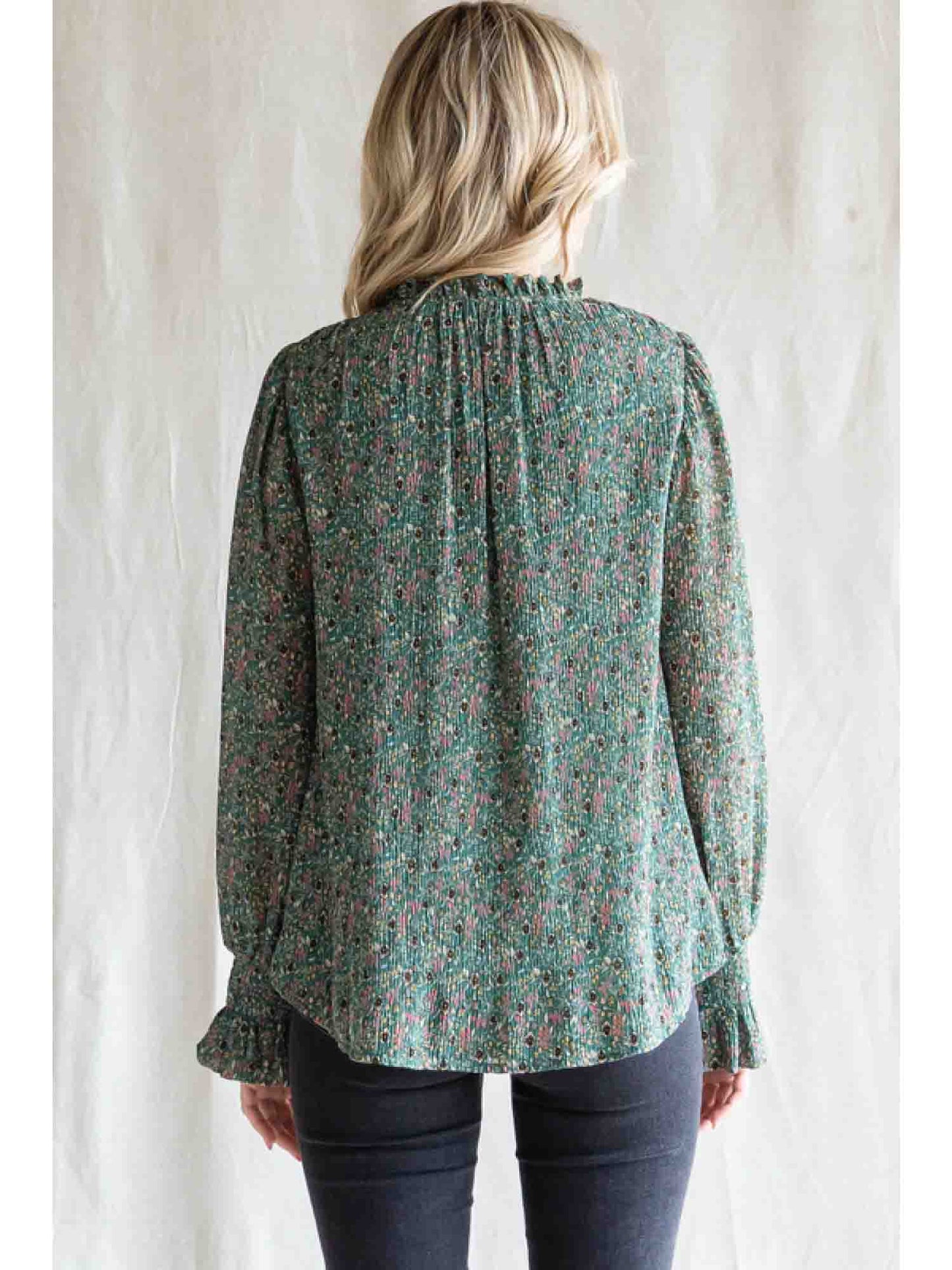 Textured Print Chiffon Top with Poet Sleeves in Hunter Green by Jodifl