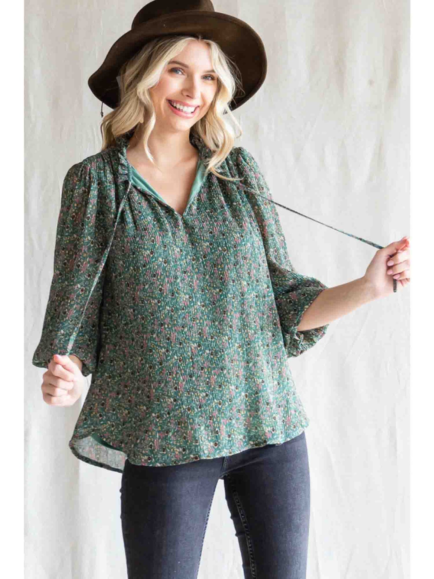 Textured Print Chiffon Top with Poet Sleeves in Hunter Green by Jodifl