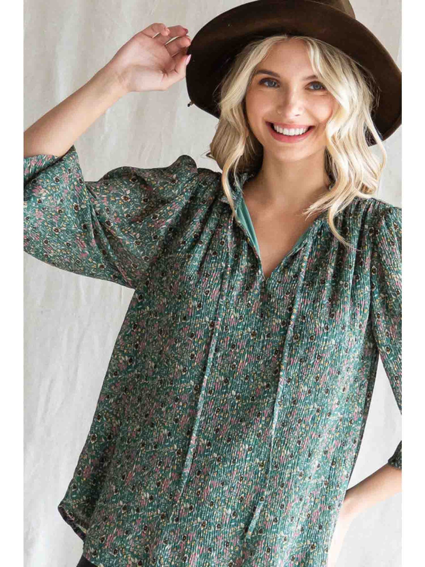 Textured Print Chiffon Top with Poet Sleeves in Hunter Green by Jodifl