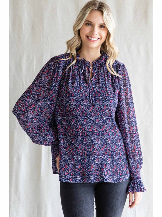 Chiffon Navy Textured Print Top by Jodifl