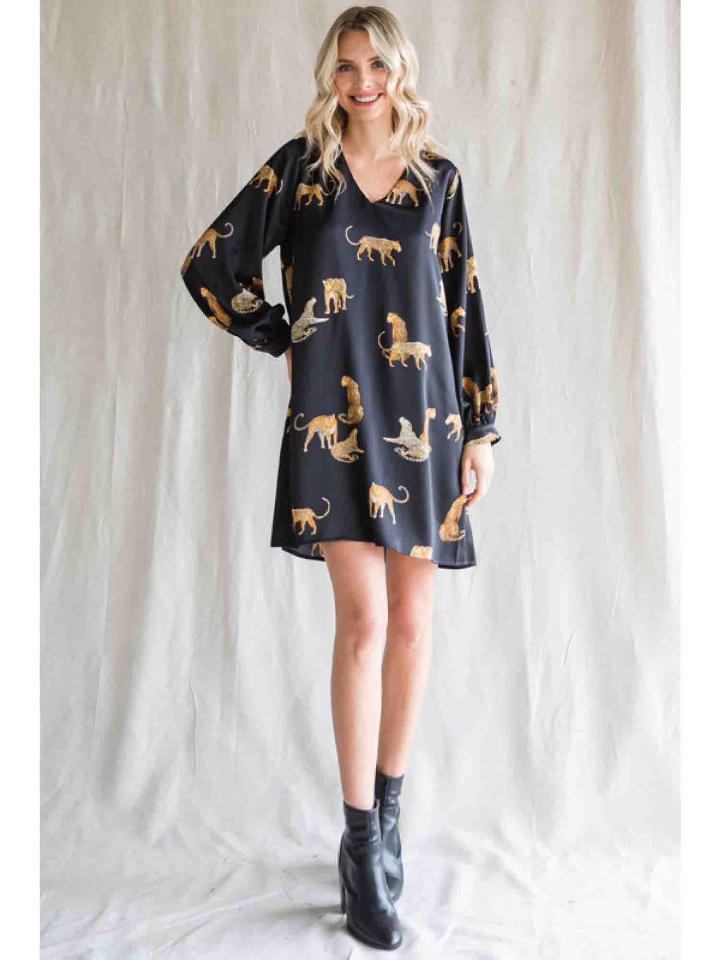 Cheetah Animal Print LSL Dress in Black by Jodifl
