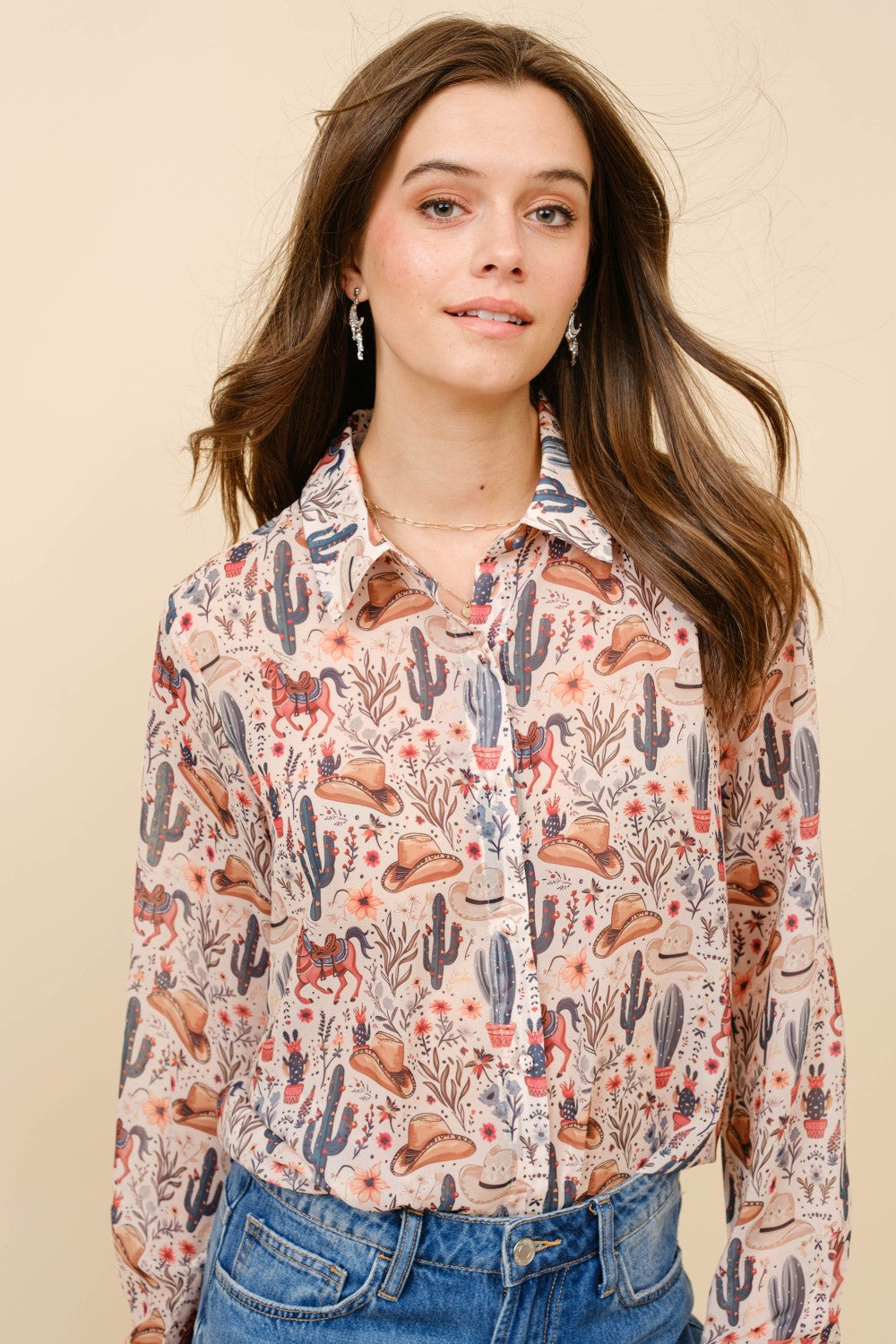 Western Print Chiffon Button Up Blouse by Blue B