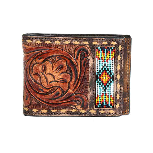 3D Buck Lacing Beaded Tooled Bifold Spring Money Clip Wallet