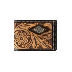 3D Mens Bifold Money Clip Style Wallet Hand Tooled Floral Diamond Calf Hair Brown