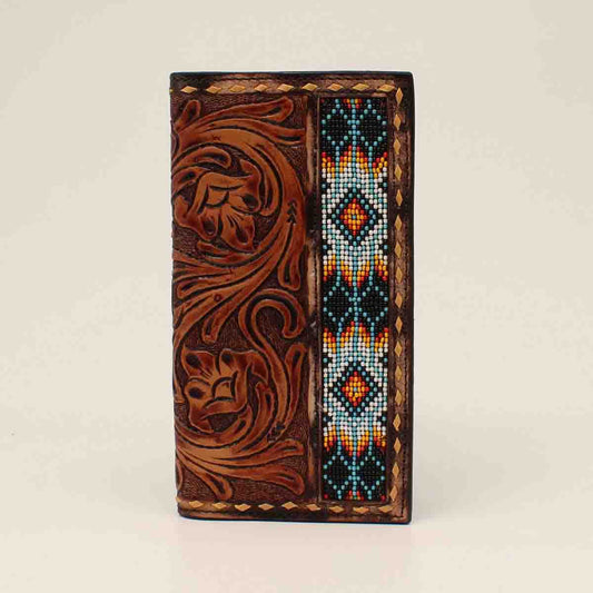 3D Men's Floral Tooled Bead Inlay Rodeo Tan Wallet