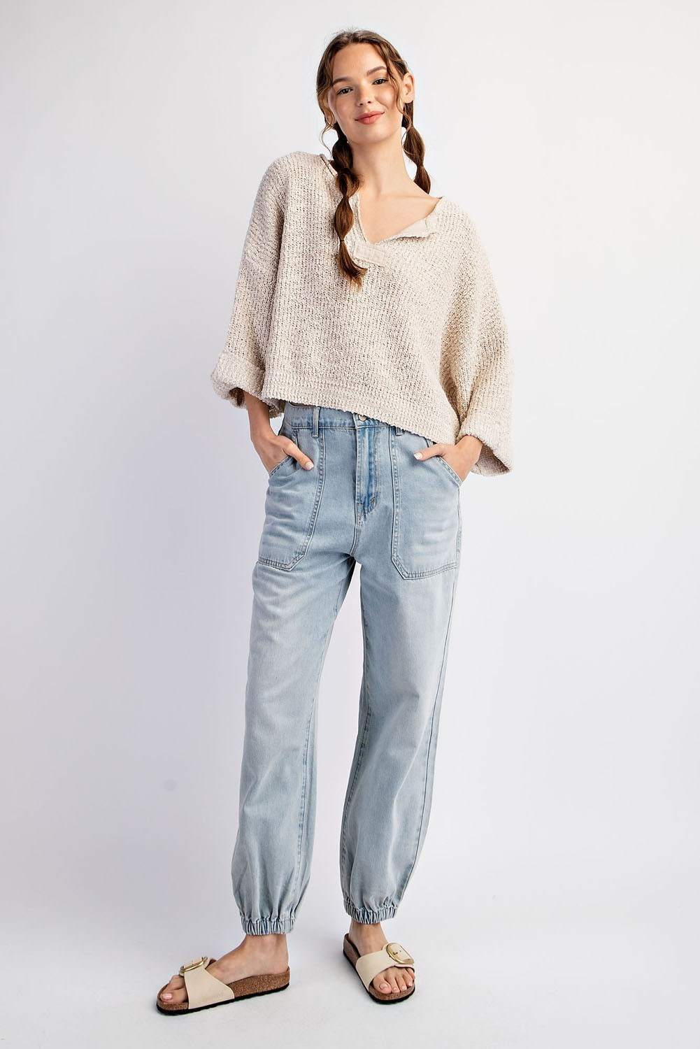 Notched Collar 3/4 Sleeve Sweater in Oatmeal by ee:some