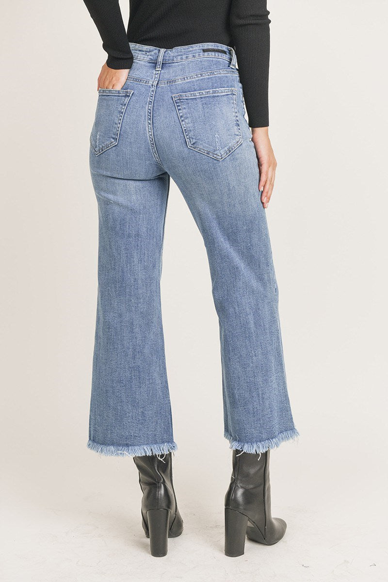 High Rise Frayed Ankle Crop Wide Leg Jeans by Risen Jeans