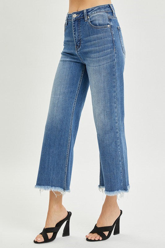 High Rise Frayed Ankle Crop Wide Leg Jeans by Risen Jeans